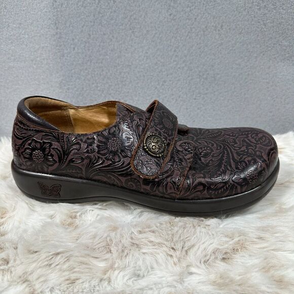 Alegria Joleen Brown Tooled Floral Leather Casual Comfort Nursing Size 40 9.5/10 - Picture 1 of 10